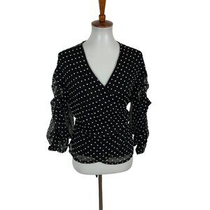 Elizabeth Crosby Wrap Top Small Black Polka Dot Long Sleeve Workwear Classic